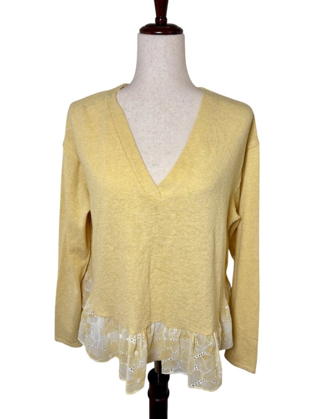 Ro&De Yellow V-Neck Terry Knit Sweater Top Eyelet Ruffle Hem NWT Medium